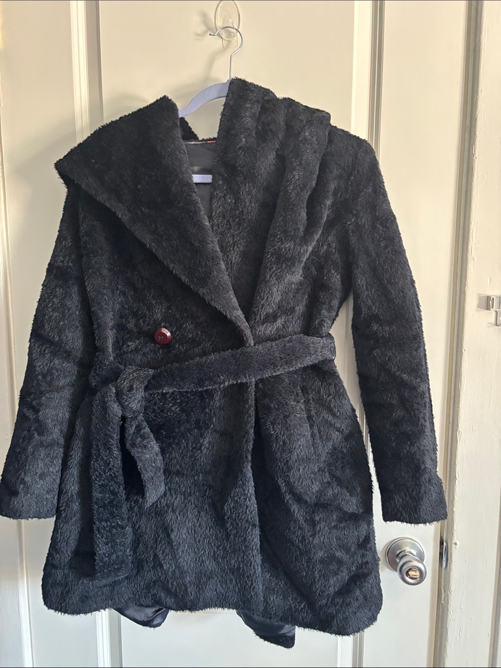 Trina Turk Black Faux Fur Hooded Wrap Jacket